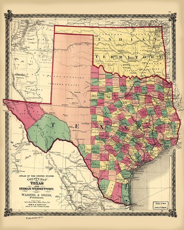 County map of Texas and Indian Territory, 1874