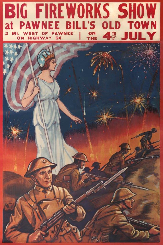 Big Fireworks show poster advertising a 4th of July event during the first World War