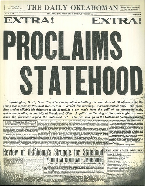 Daily Oklahoman Proclaims Statehood: 11'' x 14'' Print